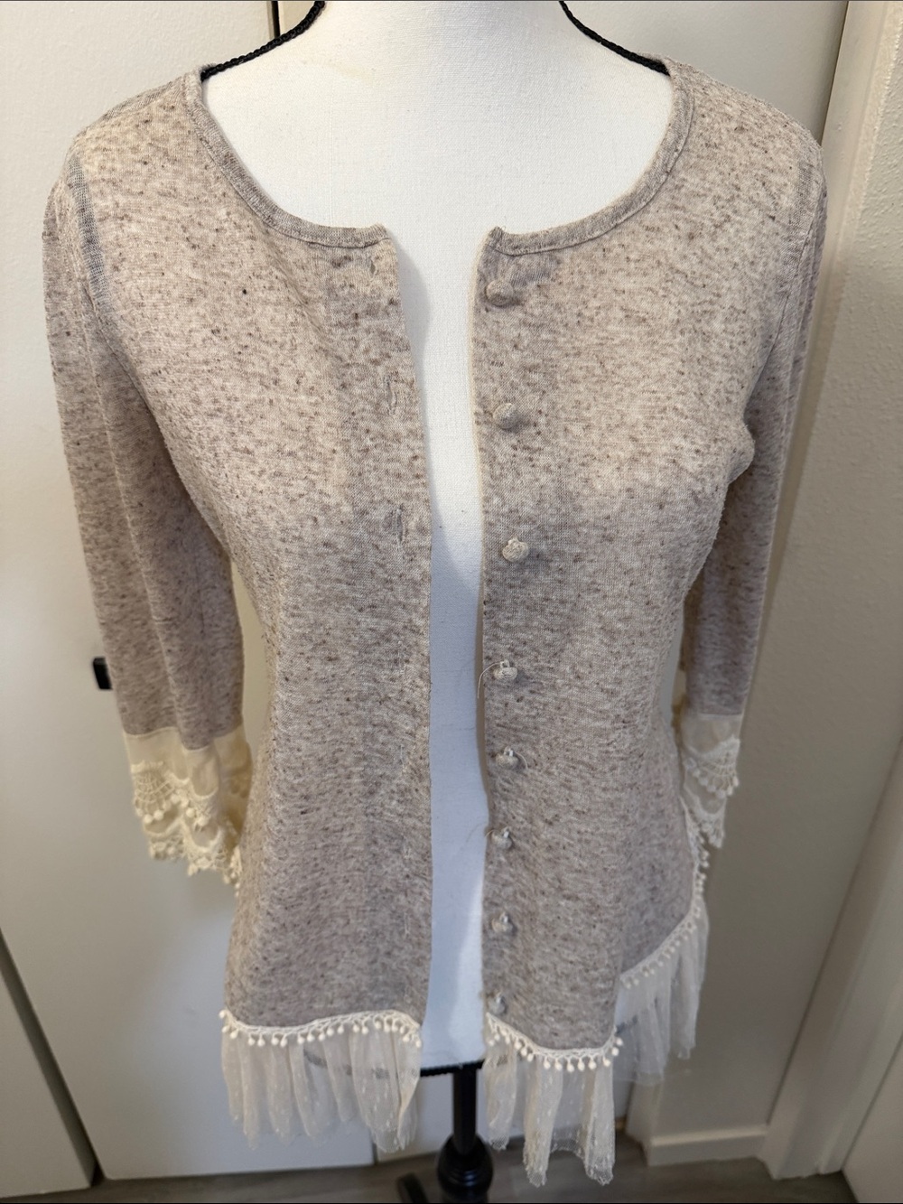 Light tan brown Lace-Trim Button Cardigan Sweater - Picture 3 of 10